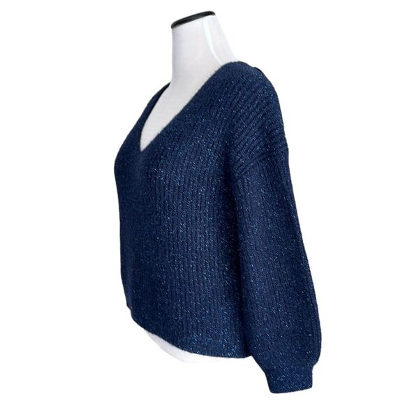 Boden Chunky Fluffy V-Neck Wool & Alpaca Blend Metallic Sweater Navy Sz.2 - Picture 7 of 15